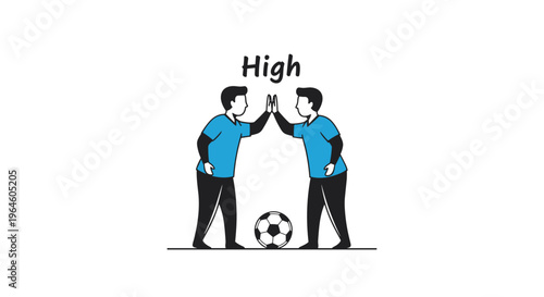 Two men in blue shirts and black pants giving a high five above a soccer ball on a white background symbolizing