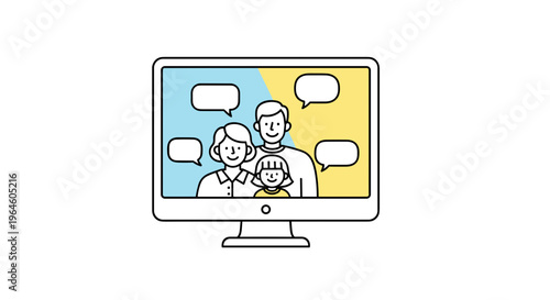 Happy family communicating via video call on computer screen with speech bubbles illustrating online connection