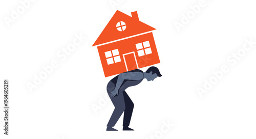Man struggling under the weight of a large orange house symbolizing heavy mortgage burden and housing debt with a white
