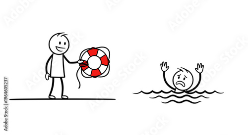 Stick figure offering life preserver to drowning person in water symbolizing help rescue and support during crisis