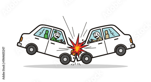 Cartoon illustration of two white cars colliding head on in a dramatic impact with drivers showing shock conveying
