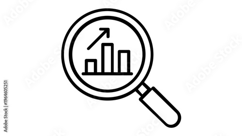 Business data analysis vector icon featuring a magnifying glass focusing on a bar chart with an upward growth arrow, symbolizing market research, financial success, and scalable performance.