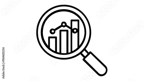 AI-generated vector icon illustration of a magnifying glass over a bar chart and line graph, symbolizing data analysis, market research, financial auditing, business growth, and statistics.