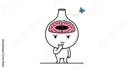Whimsical cartoon character with open head revealing a pink brain contemplating with finger on chin as a blue butterfly