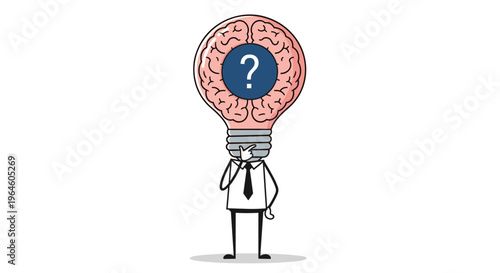 Confused businessman with a lightbulb brain and question mark symbol representing doubt uncertainty and a lack of ideas