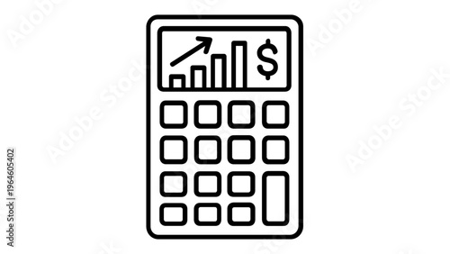 Minimalist vector icon illustration of a calculator showing a rising bar chart and dollar sign, symbolizing financial growth, business accounting, profit analysis, and investment success.