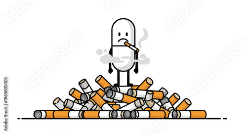 Sad cartoon pill character smoking cigarette atop pile of discarded butts symbolizing addiction bad habit or unhealthy
