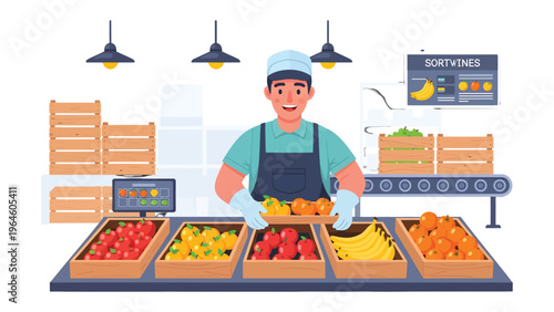 Fruit and vegetable Market Worker: A smiling produce worker sorts a tray of fresh fruits and vegetables at a market, showcasing the vibrant colors and freshness of the goods.