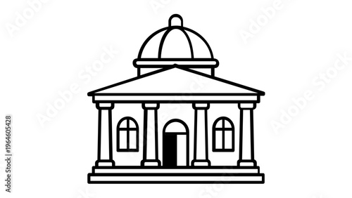 Minimalist vector icon illustration of a classical building with a dome and columns, symbolizing a bank, courthouse, university, or government institution, clean black and white line art.