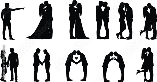 Romantic Couple Silhouettes Set, Wedding Grooms and Brides Kissing, Gay and Lesbian Pairs, Lovers Holding Hands and Heart Shape Icons