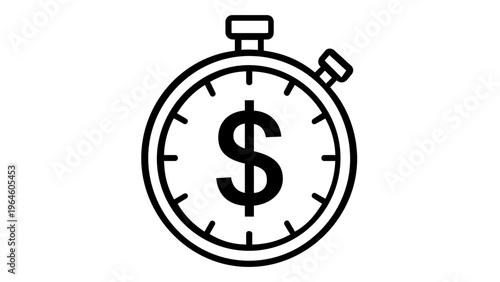 Time is money concept vector icon illustration featuring a minimalist stopwatch with a dollar sign symbol, perfect for business finance, productivity, and investment management graphics.
