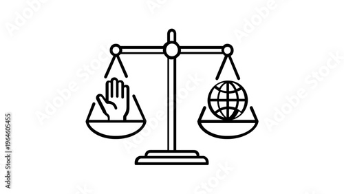 Vector icon illustration of a balance scale weighing a human hand against a global world map, representing human rights, social justice, global equality, ethical business, and legal fairness.