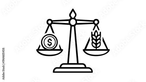 Vector icon illustration of a balance scale weighing a dollar coin against a wheat stalk, representing agricultural economics, food price stability, commodity trading, and financial value.