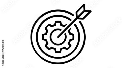 Minimalist vector icon illustration of a target with a gear at the center and an arrow hitting the bullseye, representing business strategy, goal optimization, and technical precision.