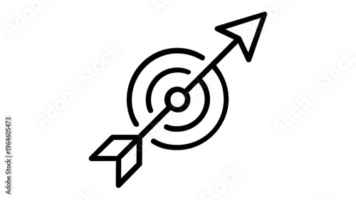 Minimalist vector icon illustration of a target with an arrow hitting the bullseye, symbolizing business success, strategic goals, marketing achievement, and precision in flat line art style.