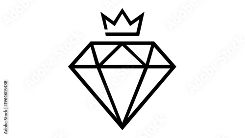 Minimalist vector icon illustration of a diamond gemstone topped with a royal crown, symbolizing luxury, premium quality, wealth, and success in a clean black and white line art style.