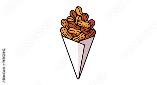 A cartoon illustration of a paper cone filled with roasted peanuts