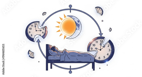 Illustration of a person sleeping peacefully in bed surrounded by a circular clock and phases of the sun and moon
