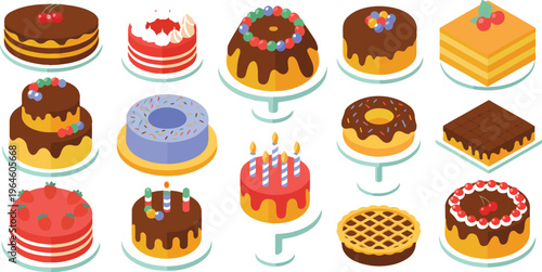 Isometric cakes vector set with chocolate cake slice birthday pie and pink glaze dessert isolated 3d illustration