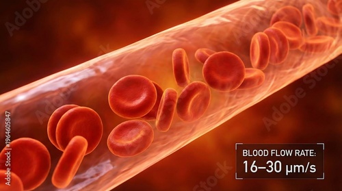 Red blood cells flow through a transparent tube with varying speeds labeled.