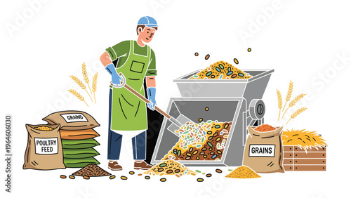 The Grinding Grain Process: A worker meticulously manages the process of grinding grains for animal feed, focusing on details.