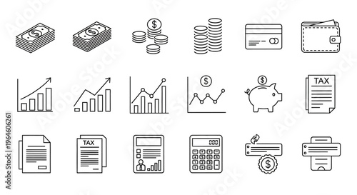 Financial icons and business symbols.