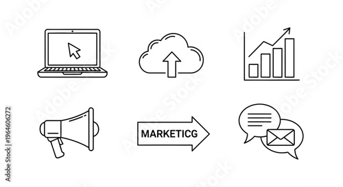 Marketing icons on white background.