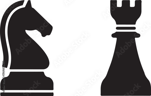 Black chess pieces, knight and pawn, vector icons, strategy game symbols, chessboard characters