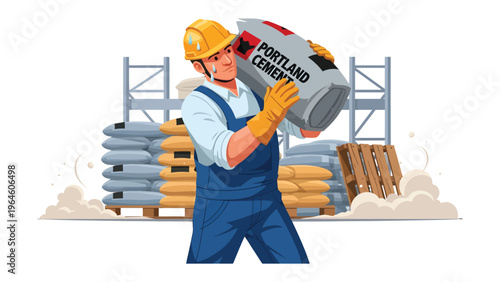 A Worker's Burden: A determined construction worker shoulders the weight of a heavy cement bag, illustrating dedication and the demands of labor in a dynamic industrial setting.