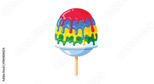 A colorful illustration of a cake pop with dripping icing on a stick