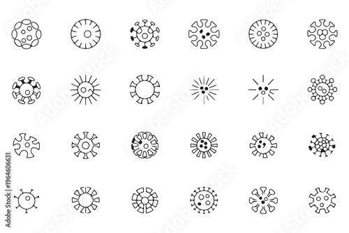 Diverse collection of virus and bacteria outline icons, symbolizing microscopic pathogens and infectious diseases