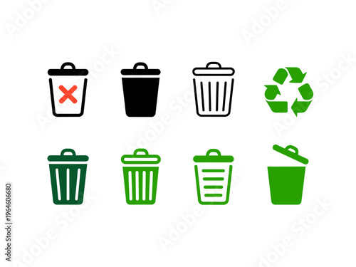 Set of minimalist trash can and recycling in black and green white background waste