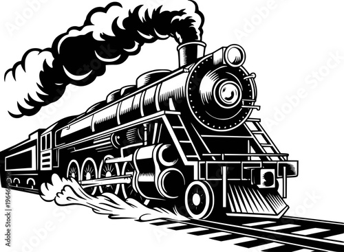 Vintage steam locomotive billowing smoke traveling railroad tracks black and white