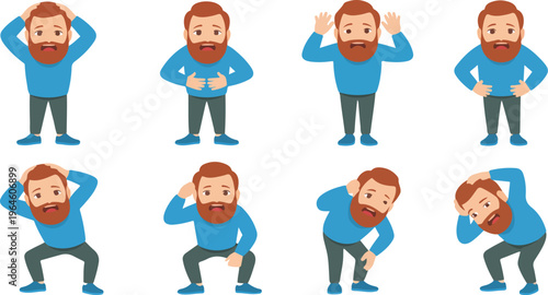 Cartoon man character vector set with thinking smiling happy and sad men in casual clothes student or businessman illustration