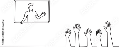 Teacher Waving to Students Raising Hands classroom