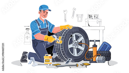 Mechanic working on the tire: A skilled mechanic meticulously repairs a tire, showcasing precision and expertise in his work, surrounded by essential tools of the trade.