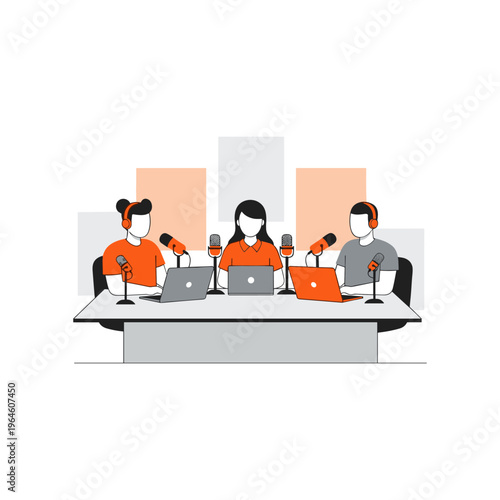 Three people podcasting with microphones and laptops at table.