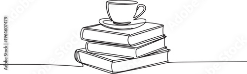 Stack of three books with a cup and saucer drawn with a single continuous line