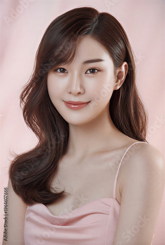 High-resolution portrait of a young Korean-style woman with smooth dark brown hair, side bangs, glowing fair skin, in a soft pink top, smiling on pastel pink background.