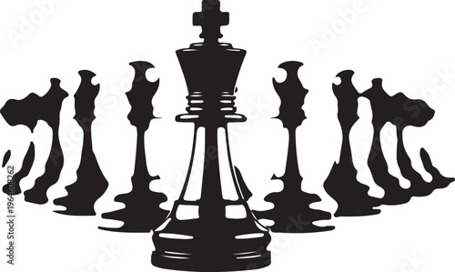 Black chess pieces, king and pawns, strategy game, vector icons, chessboard characters