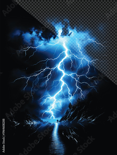 A bright blue lightning bolt isolated on a transparent background