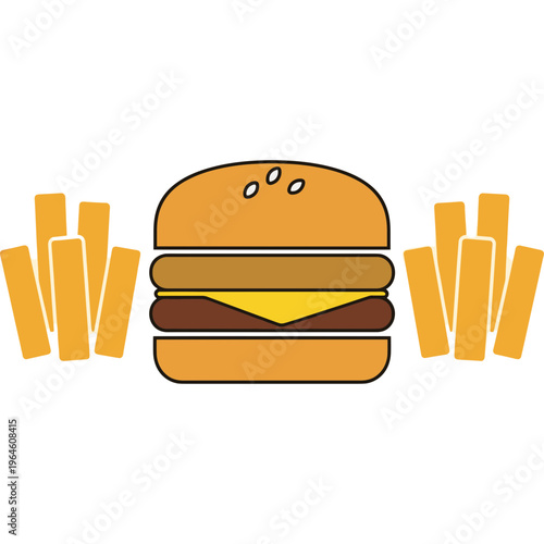 A cartoon hamburger with melted cheese and fries on a plate indoors