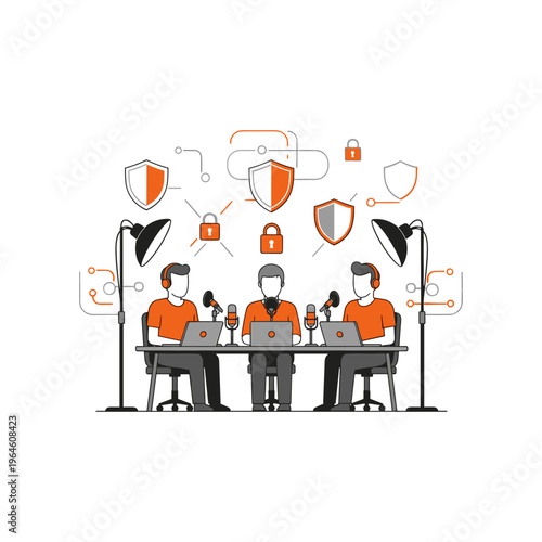 Three men podcasting with microphones, laptops and security icons.