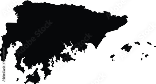 Vector graphic illustration of a black silhouette map of a large landmass with smaller islands
