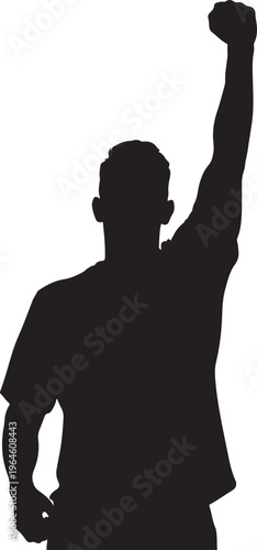 Black silhouette, man raising fist, protest symbol, activist gesture, strong illustration
