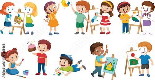 Drawing children vector illustration with kids playing drawing and creating artwork together cartoon style group of young artists