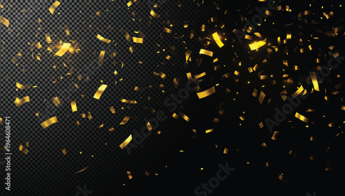 Golden confetti particles isolated on transparent background with black gradient