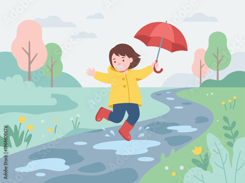 Child happily jumping in puddles with umbrella.