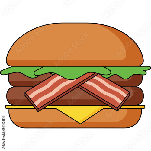 A delicious burger with bacon cheese lettuce and beef patty on a bun indoors.