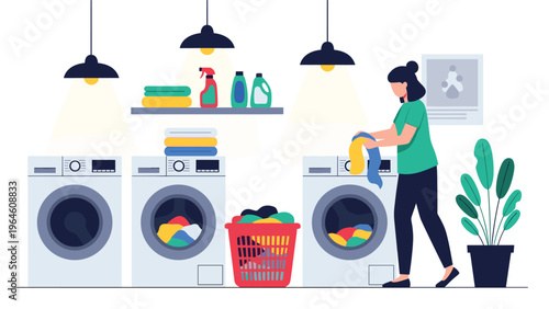 Young woman doing laundry in a public laundromat with rows of washing machines and shelves of detergent bottles and folded towels.